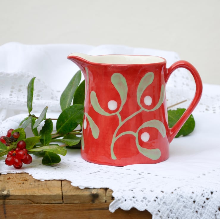 Christmas Red Mistletoe Milk Jug - Hand Painted