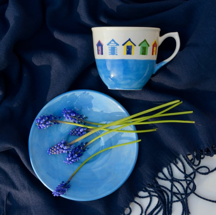 Beach Huts Cup and Saucer - Hand Painted