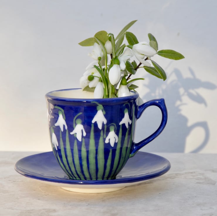 Snowdrop Cup and Saucer - Hand Painted - Perfectly Imperfect