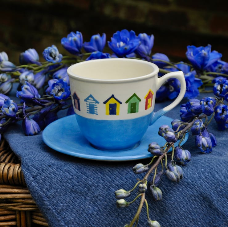 Beach Huts Cup and Saucer - Hand Painted