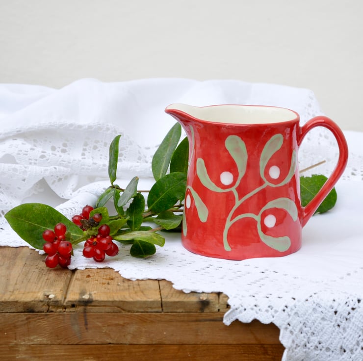 Christmas Red Mistletoe Milk Jug - Hand Painted