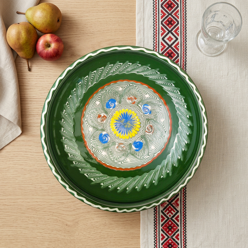 Flora Moss Green Fruit Bowl in a Romanian-inspired table setting