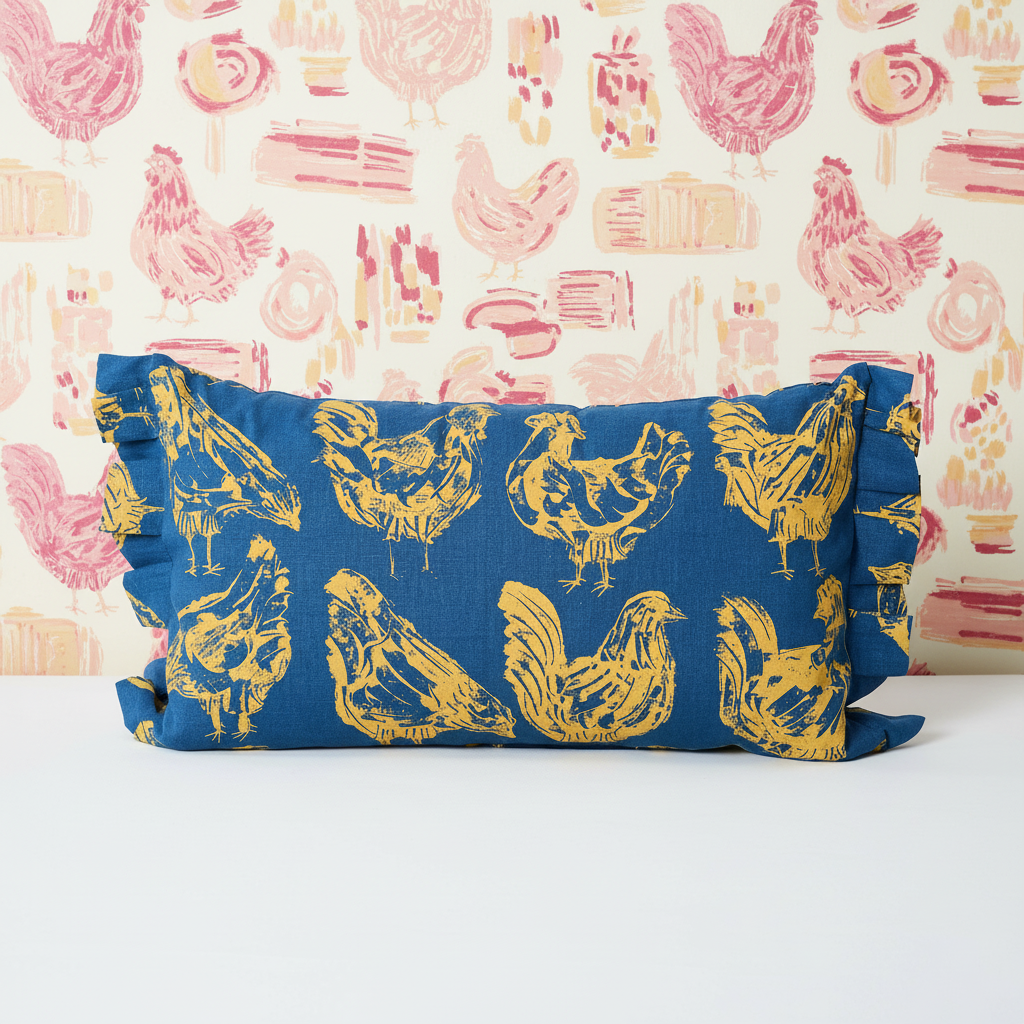 French Hen Cushion Indigo – Picnic Sugar Bag Wallpaper