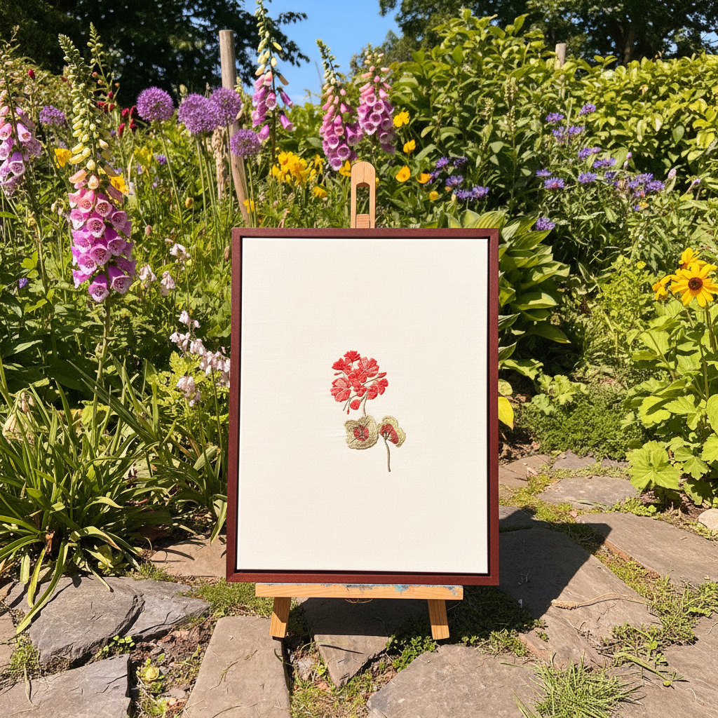 Geranium Framed Embroidered Canvas – Garden Easel