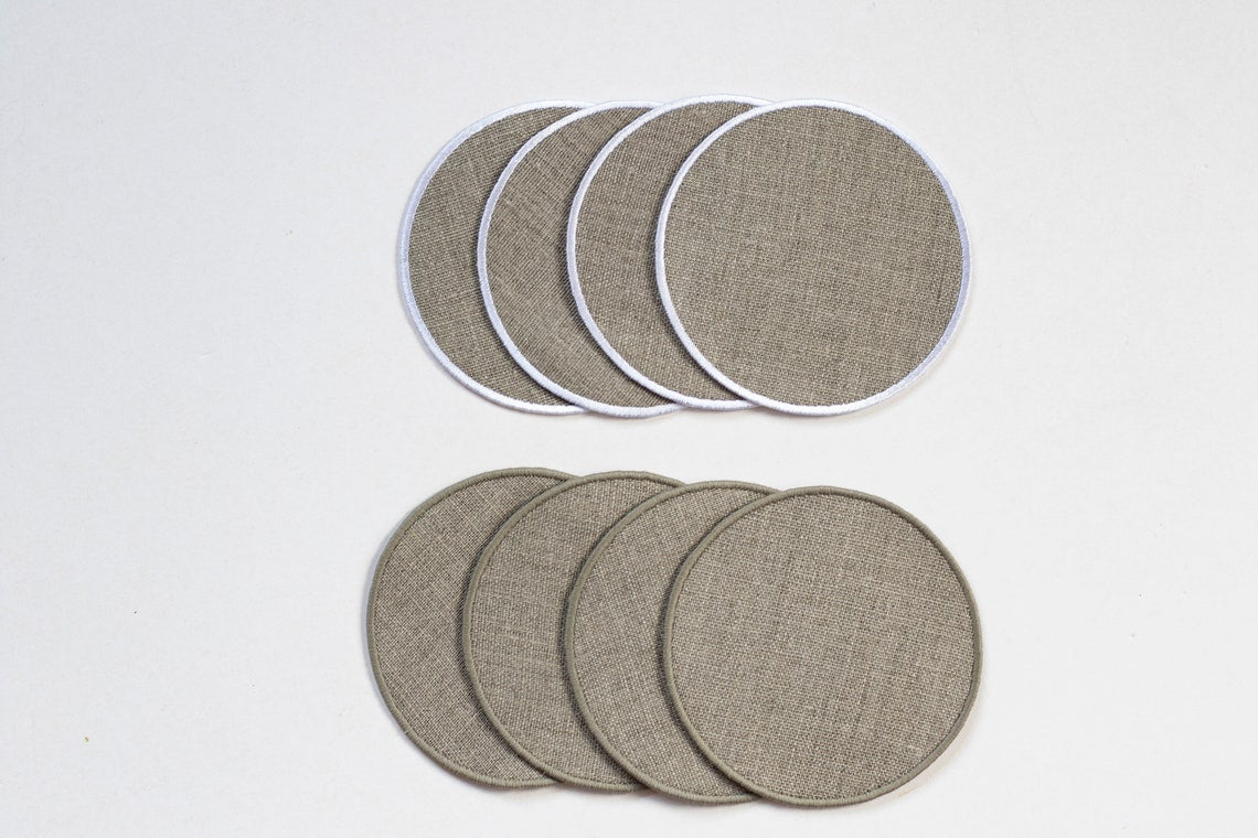 Round natural linen coasters with white trim set of 4