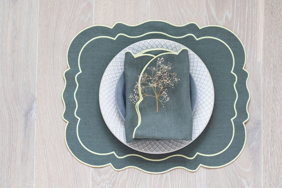 Seafoam green linen cloth scallop napkins with pastel yellow trim set of 6