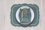 Seafoam green linen cloth scallop napkins with pastel yellow trim set of 6
