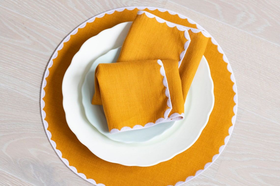 Yellow linen cloth scallop napkins -Mustard Yellow  set for table decor set of 6