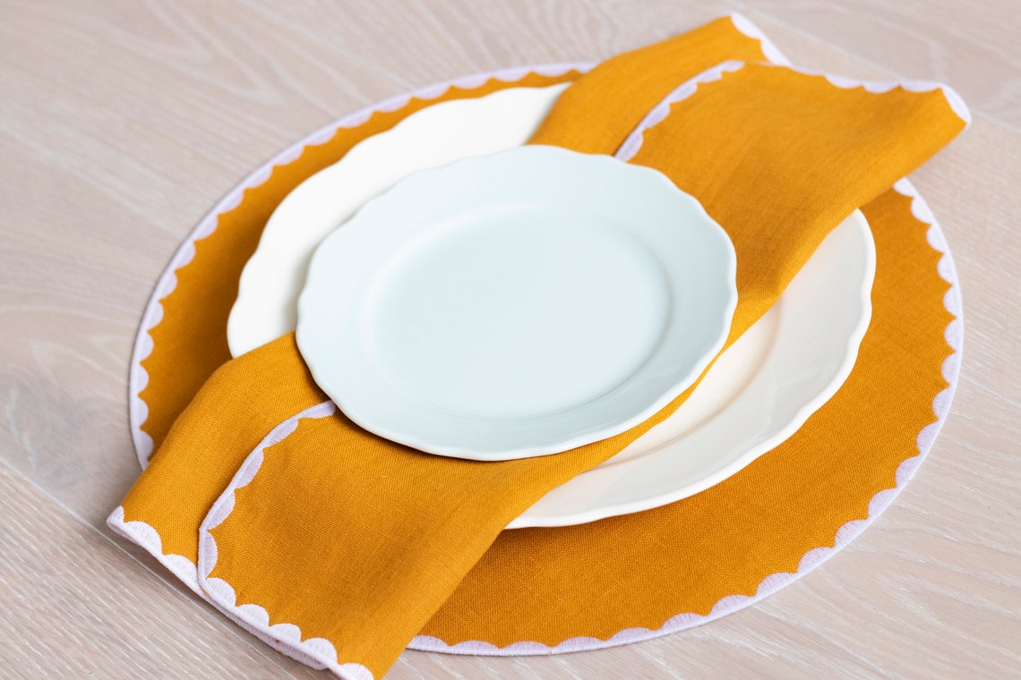 Yellow linen cloth scallop napkins -Mustard Yellow  set for table decor set of 6