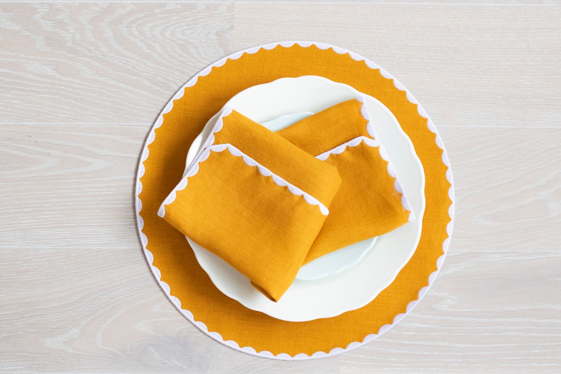 Yellow linen cloth scallop napkins -Mustard Yellow  set for table decor set of 6