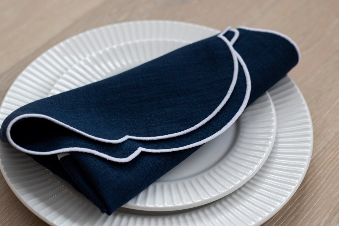 Dark blue linen napkins with white trim for table decor 18''x18'' size set of 6