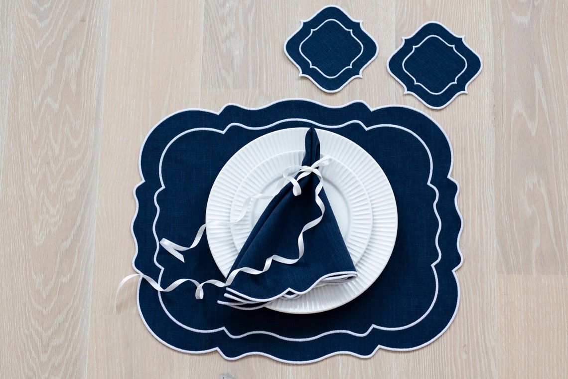 Dark blue linen napkins with white trim for table decor 18''x18'' size set of 6