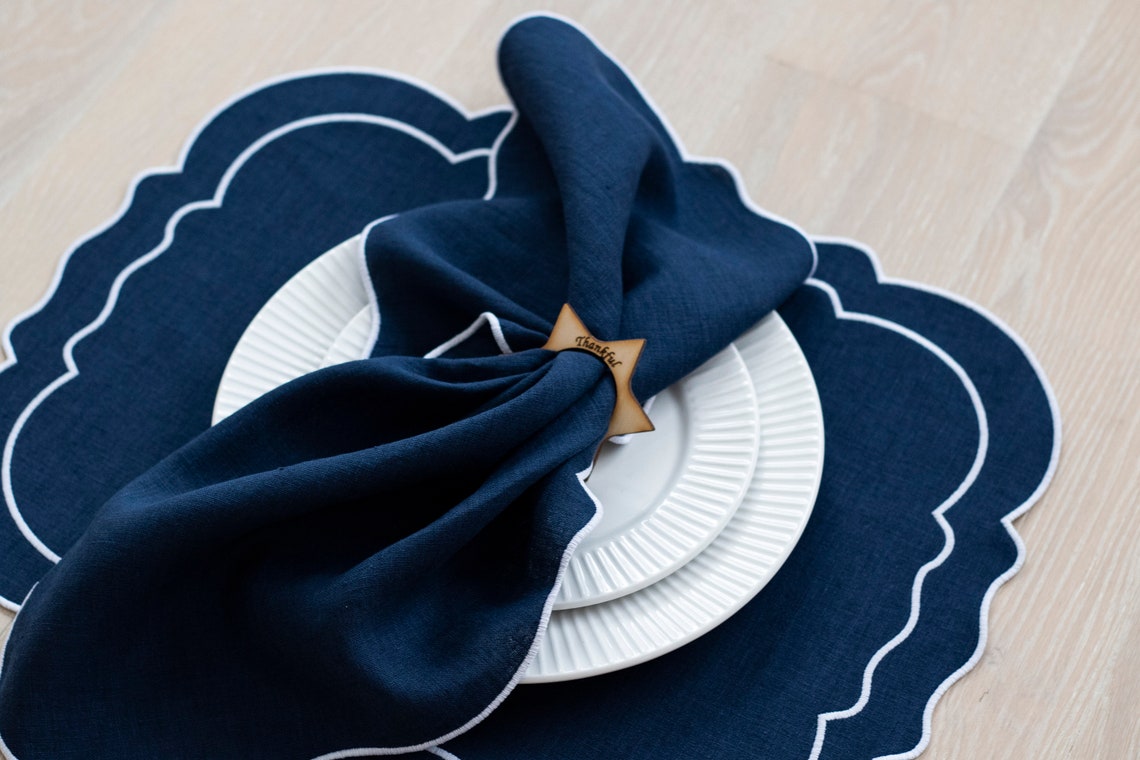 Dark blue linen napkins with white trim for table decor 18''x18'' size set of 6