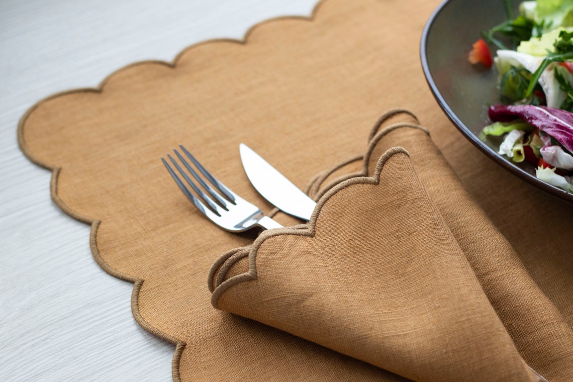 Camel linen table mats with scallop edges for table decor 13''x18'' size, set of 6