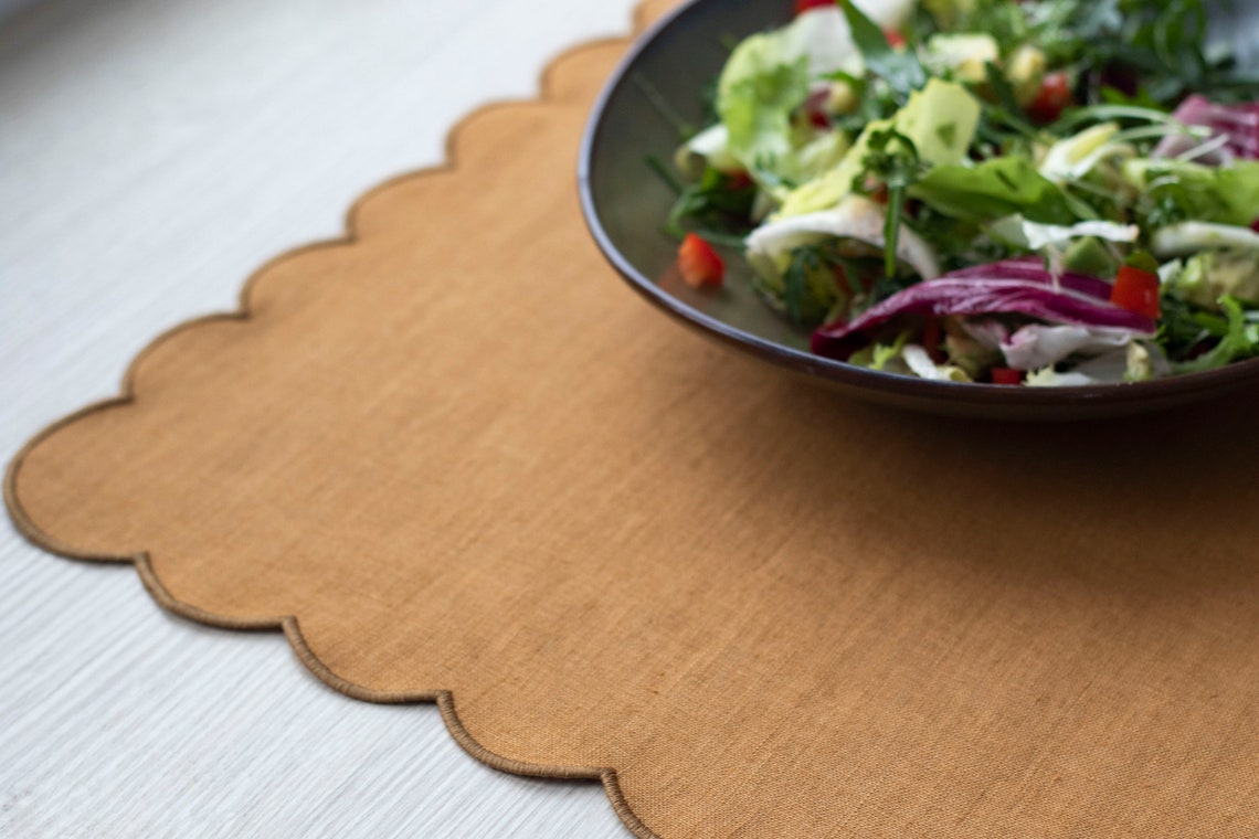 Camel linen table mats with scallop edges for table decor 13''x18'' size, set of 6