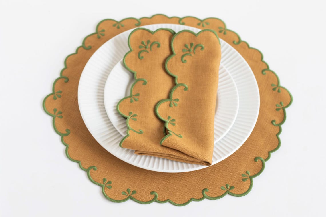 Set of 6 Camel Linen Placemats with Green Embroidered Trim, ~14 inches