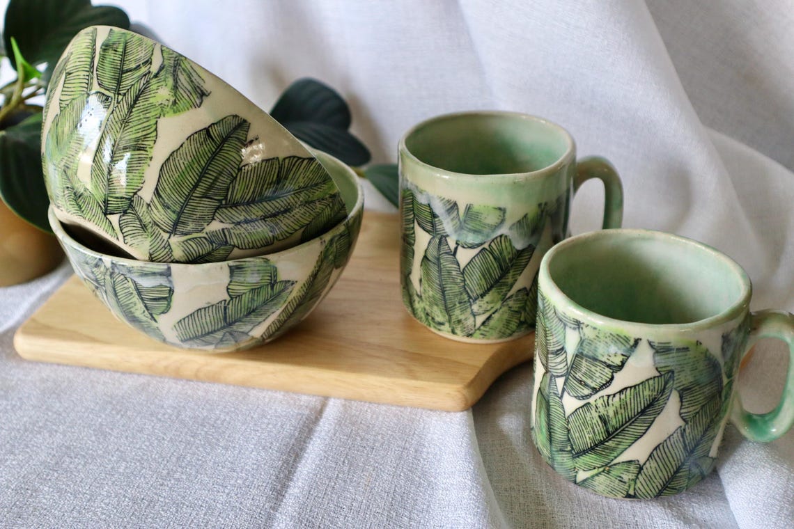 Handmade Tropical Leaf Green Ceramic Bowl