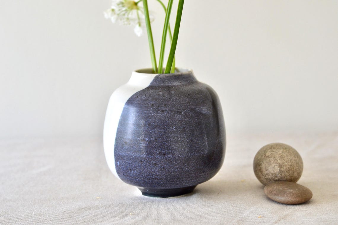 Blue Black White Half Moon Jar Vase | Korean Vase