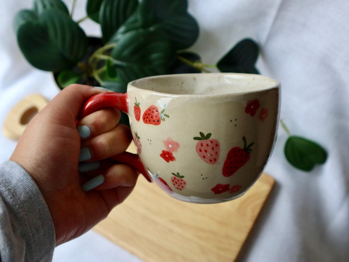 Large Round Handmade Cute Ceramic Strawberry Mugs