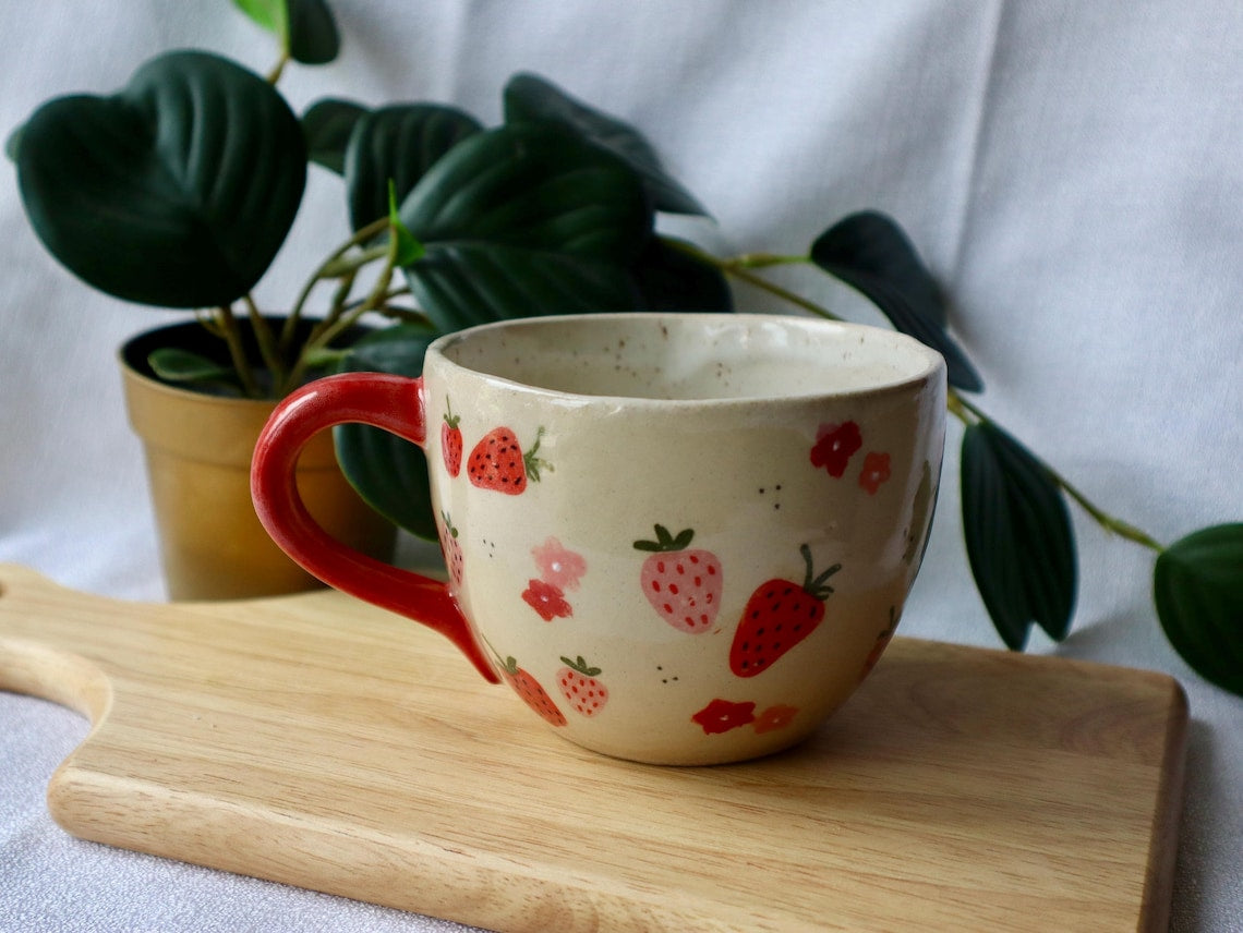 Large Round Handmade Cute Ceramic Strawberry Mugs