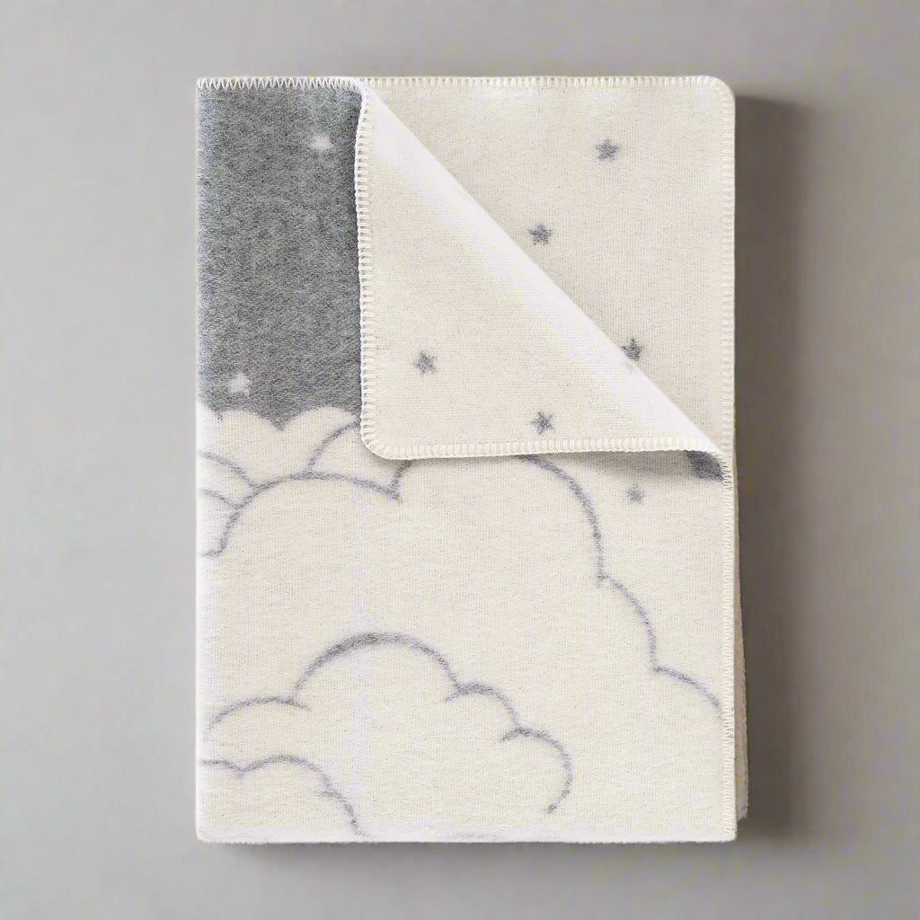 Stars Clouds Small Blanket | Grey Reversible Wool Throw |