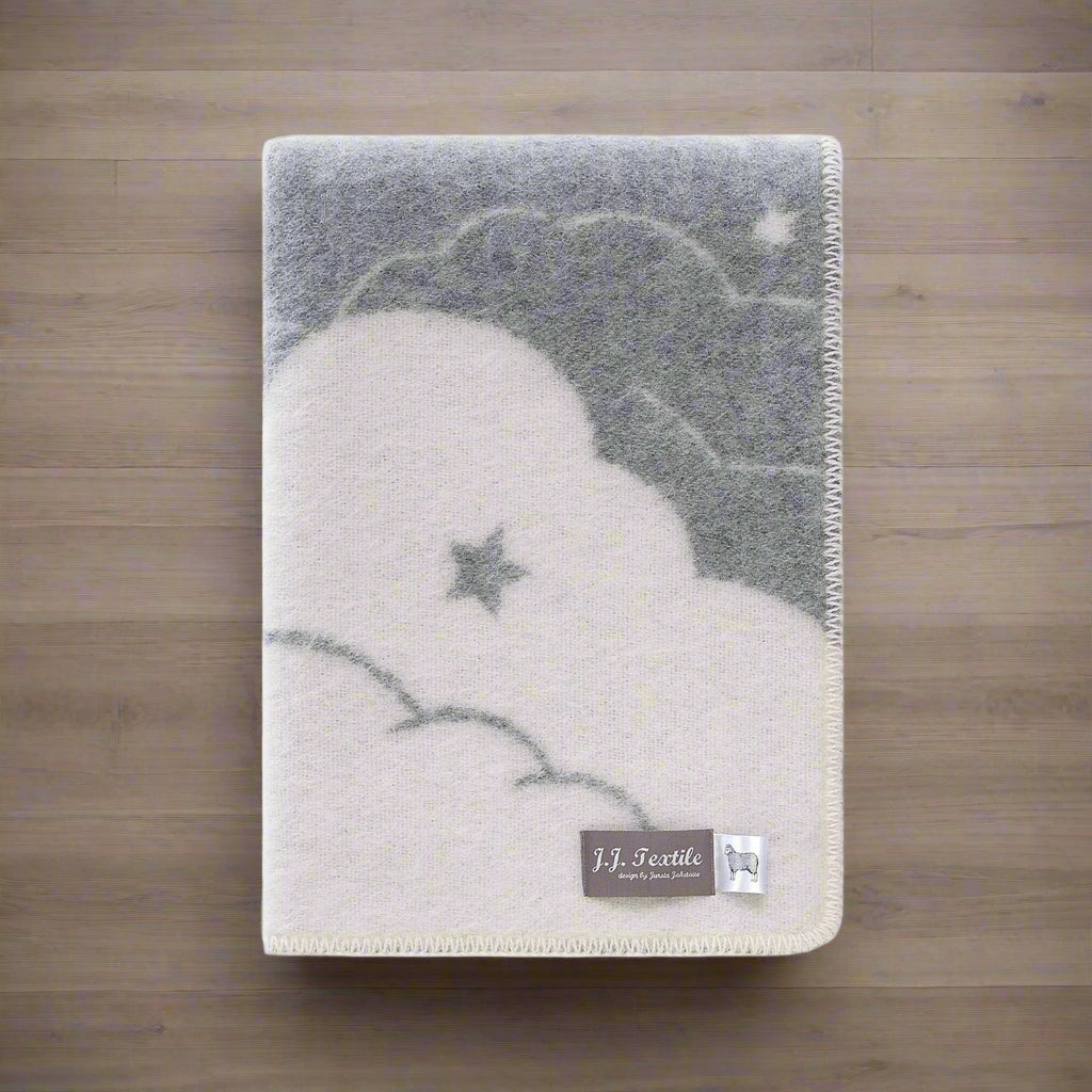 Stars Clouds Small Blanket | Grey Reversible Wool Throw |