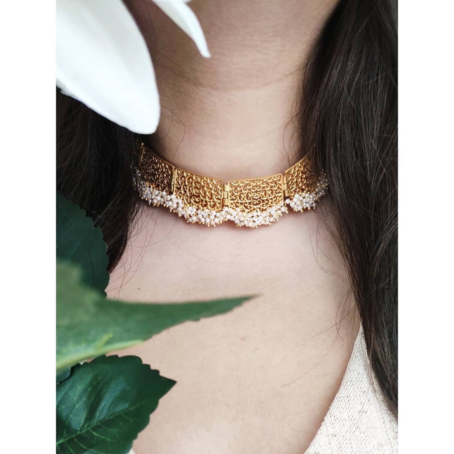 Gold Filigree Choker- Pearl Necklace-Intricate filigree Jewelry