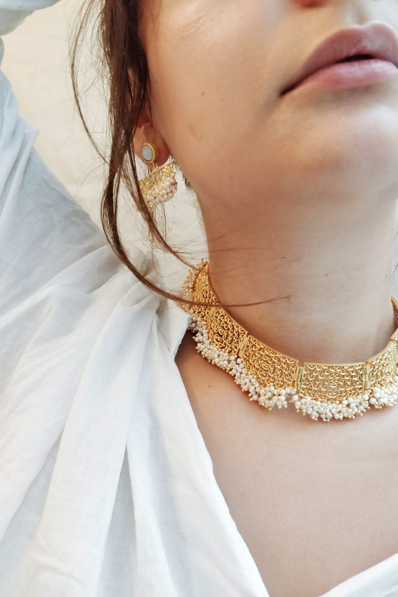 Gold Filigree Choker- Pearl Necklace-Intricate filigree Jewelry