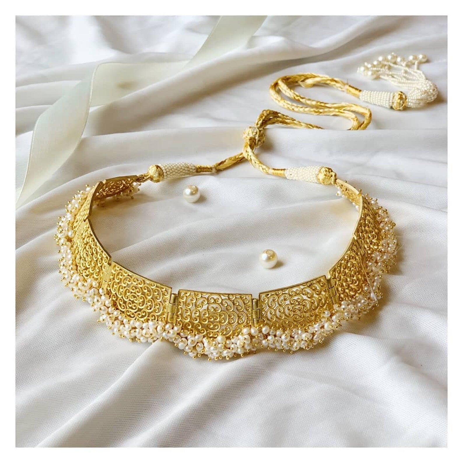 Gold Filigree Choker- Pearl Necklace-Intricate filigree Jewelry