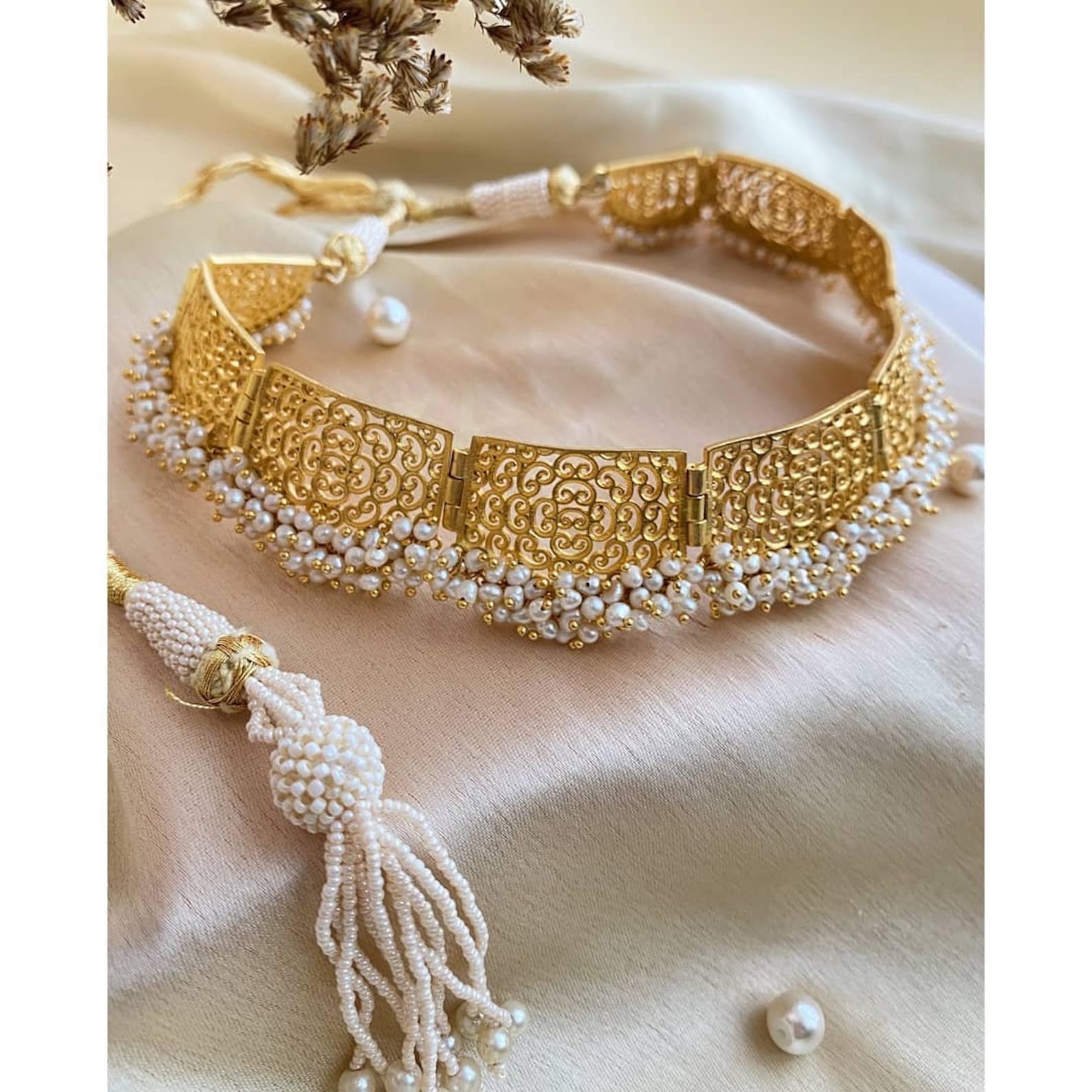 Gold Filigree Choker- Pearl Necklace-Intricate filigree Jewelry