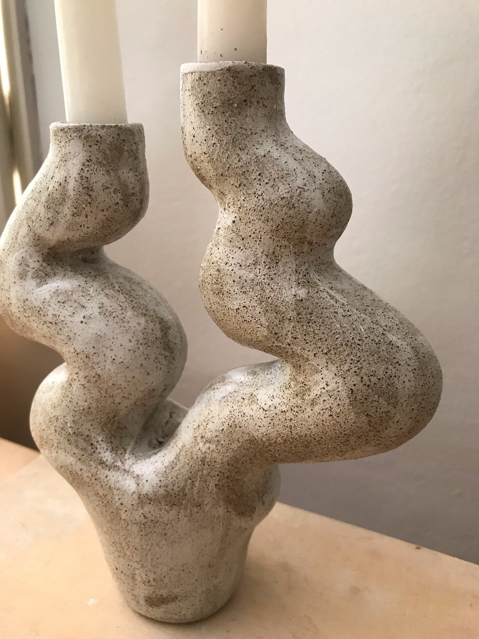 Candle Holder | White & Grey Ceramic Sculptural Vase