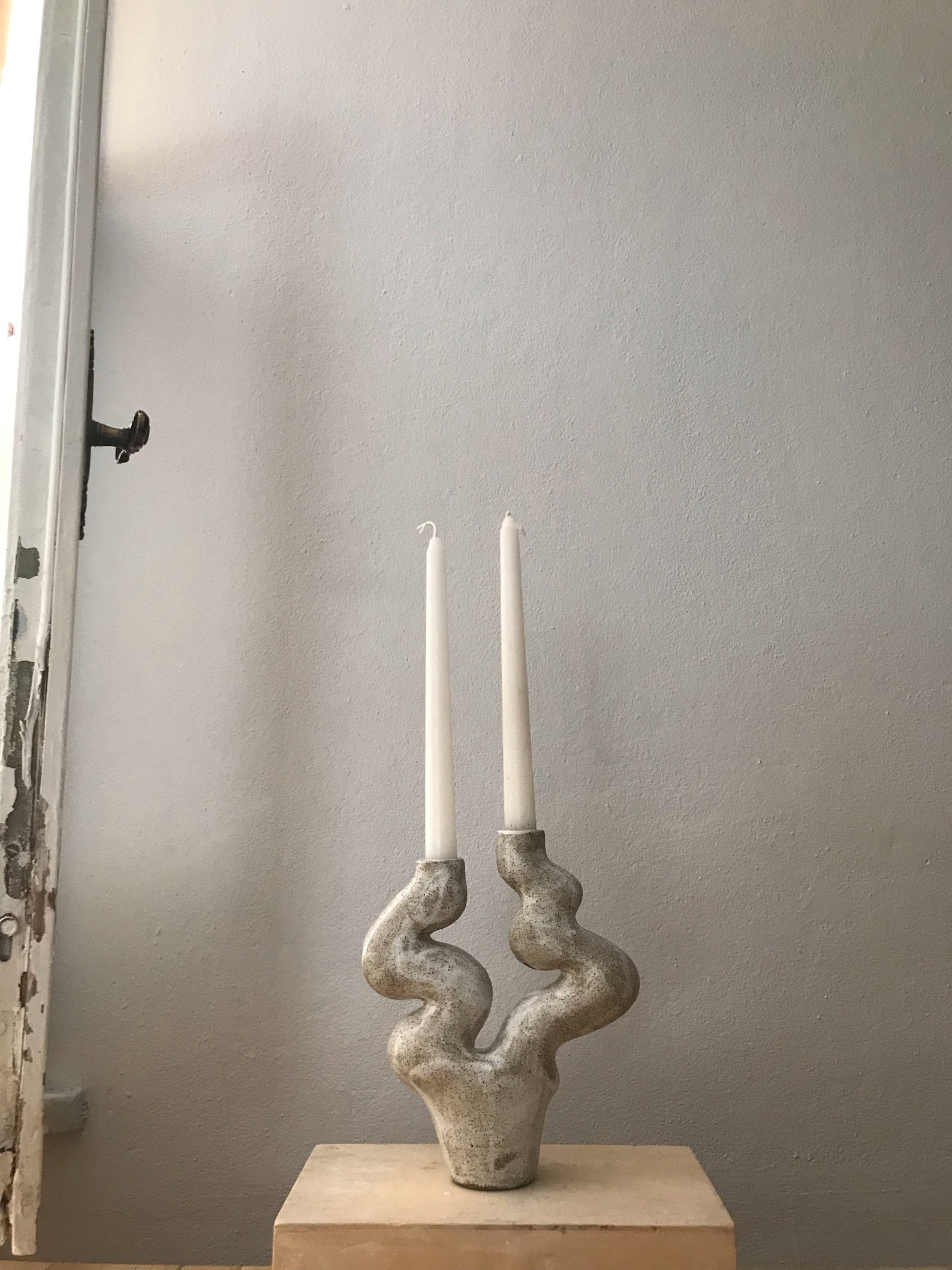 Candle Holder | White & Grey Ceramic Sculptural Vase