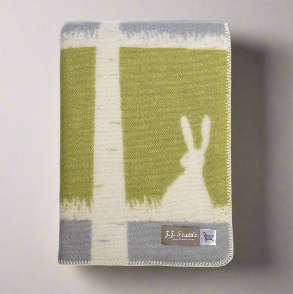 Glow Wool Blanket | Hare and Leaves Pattern | Grey and Green Throw |