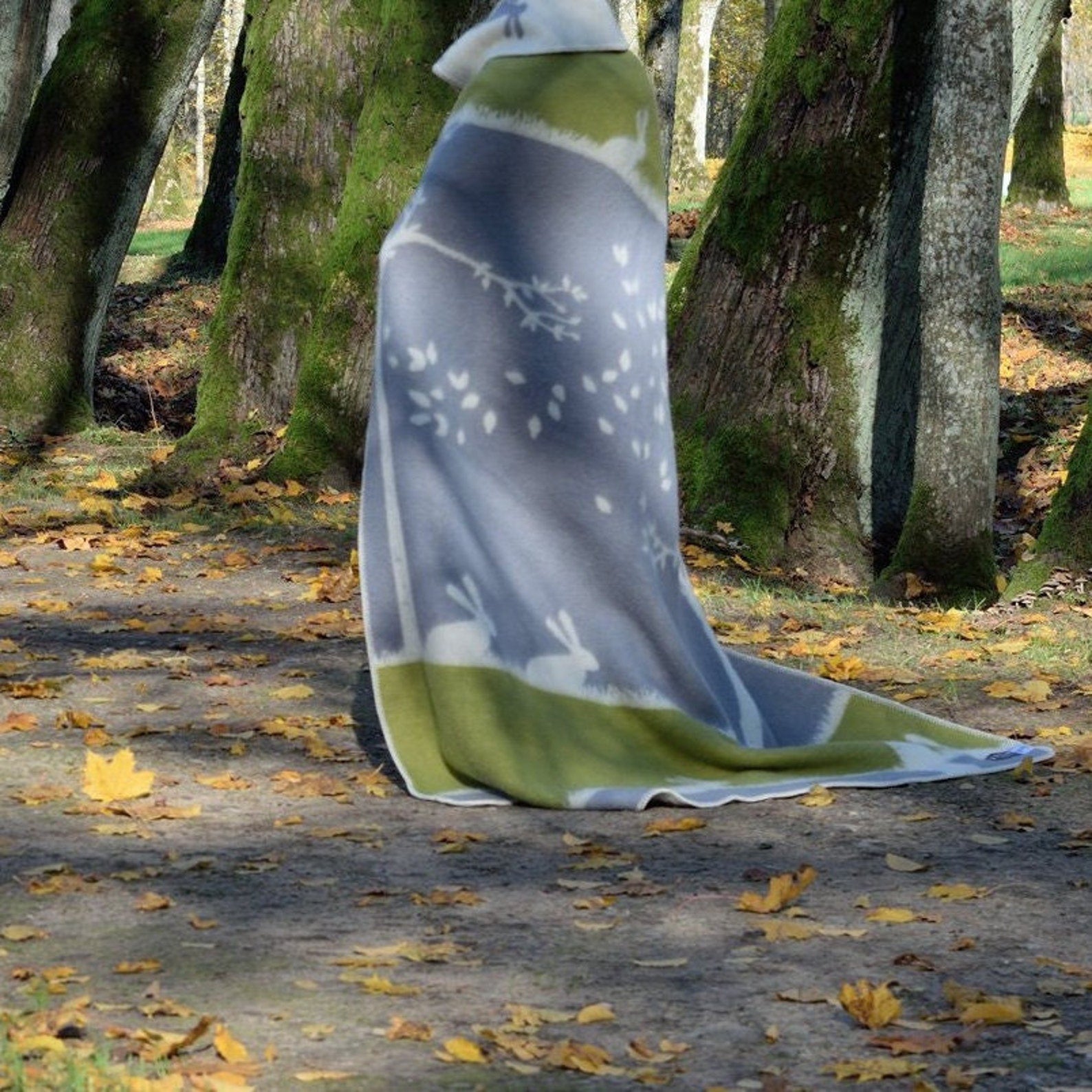 Glow Wool Blanket | Hare and Leaves Pattern | Grey and Green Throw |