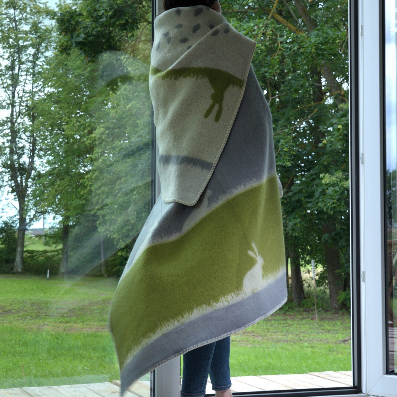Glow Wool Blanket | Hare and Leaves Pattern | Grey and Green Throw |