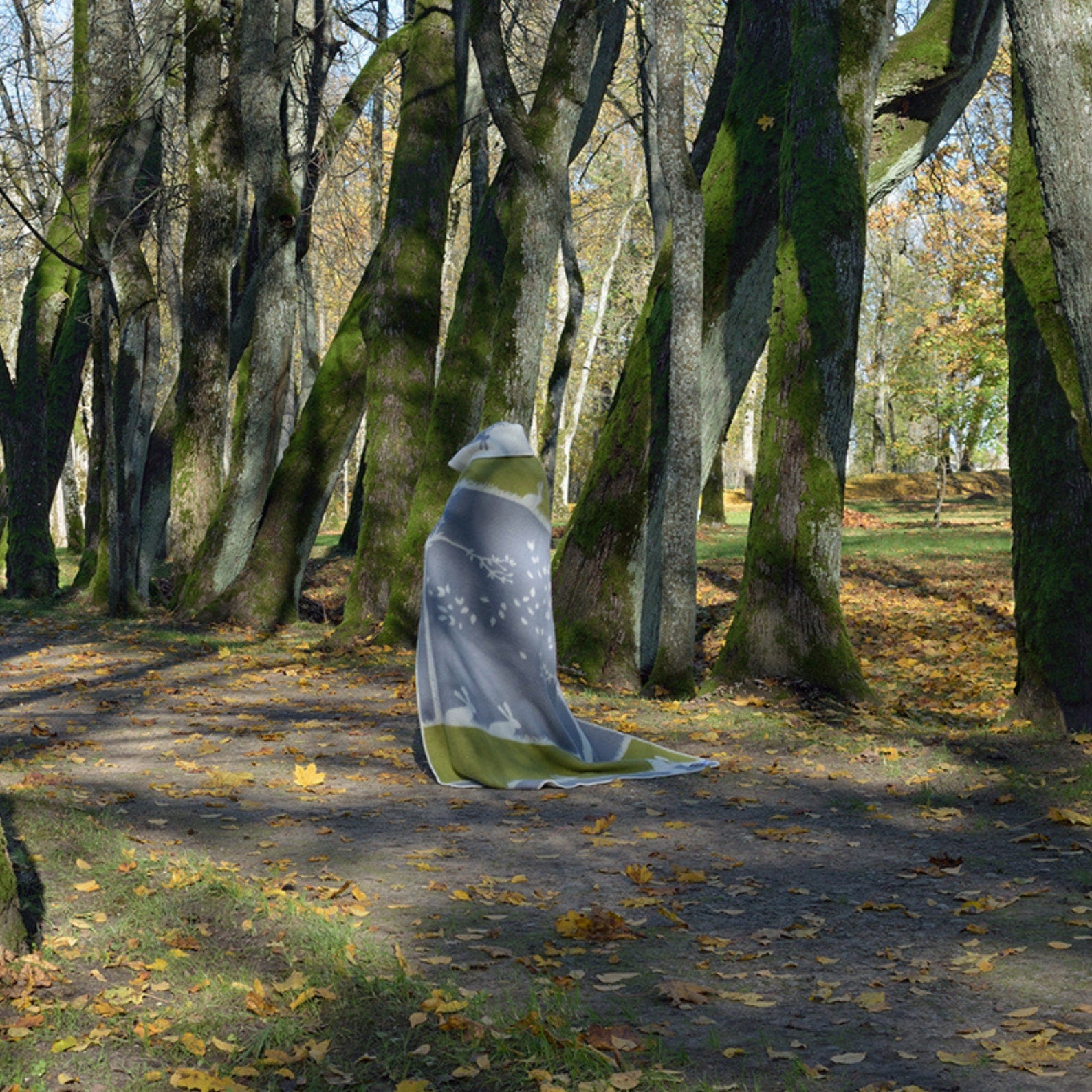 Glow Wool Blanket | Hare and Leaves Pattern | Grey and Green Throw |