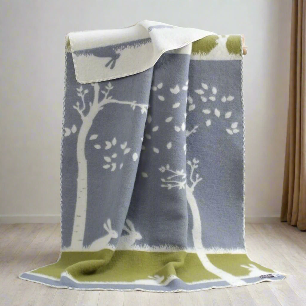 Glow Wool Blanket | Hare and Leaves Pattern | Grey and Green Throw |