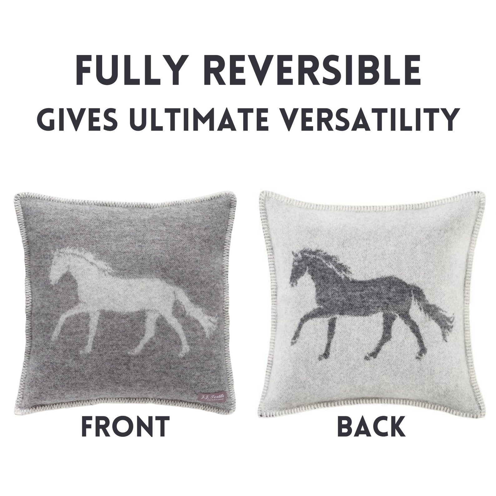 Grey Horse Cushion Cover | Pure Wool Reversible Pillowcase |