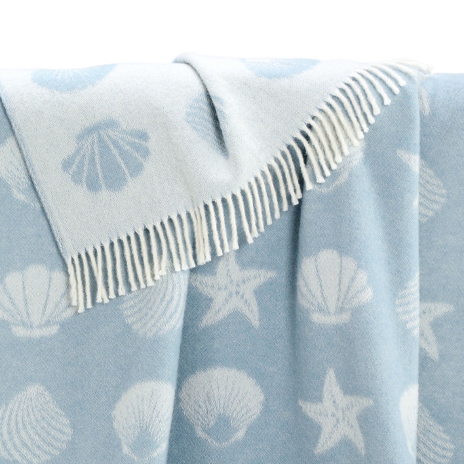 Seashells Pastel Blue Wool Throw | Nautical Blanket | Coastal Seaside Decor