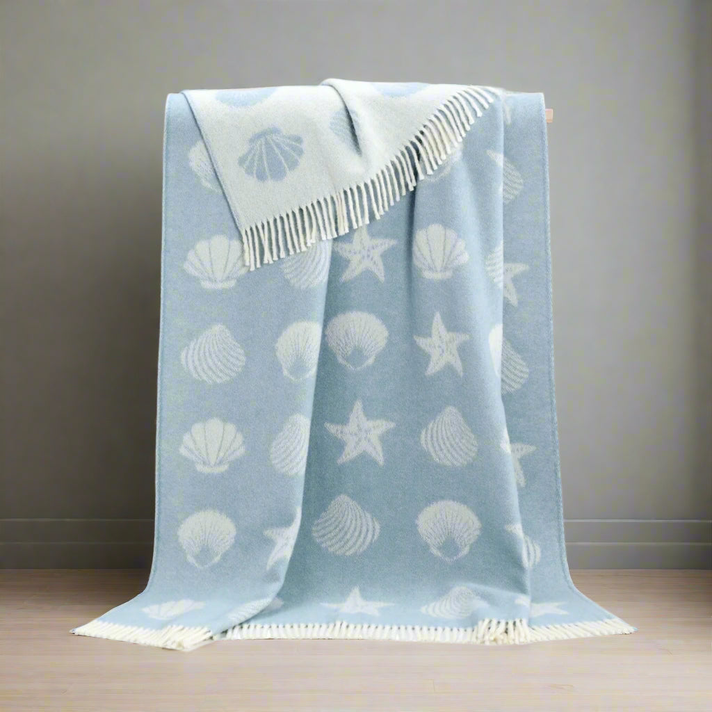 Seashells Pastel Blue Wool Throw | Nautical Blanket | Coastal Seaside Decor