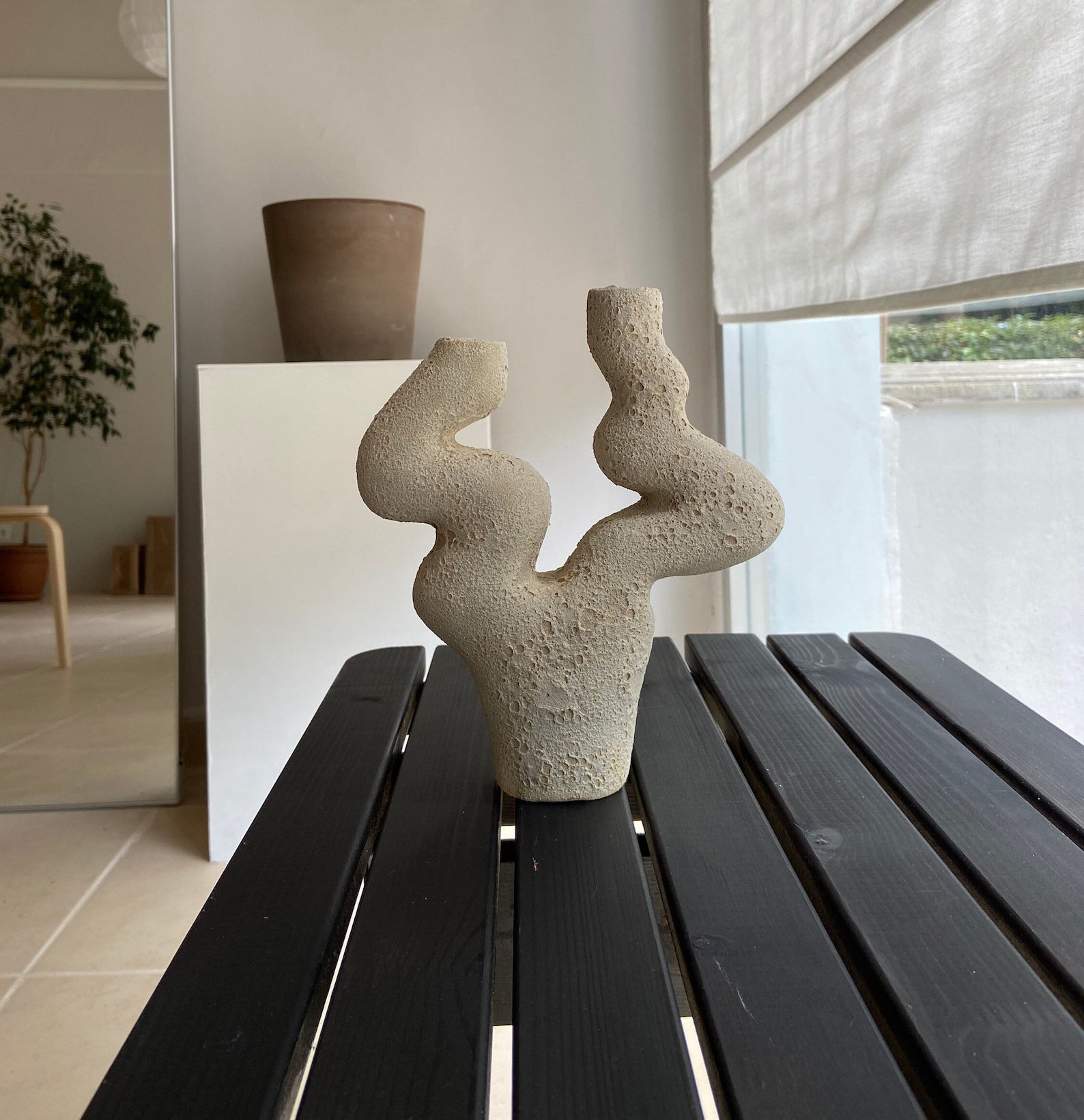 Beige Textured Moon Ceramic Candlestick