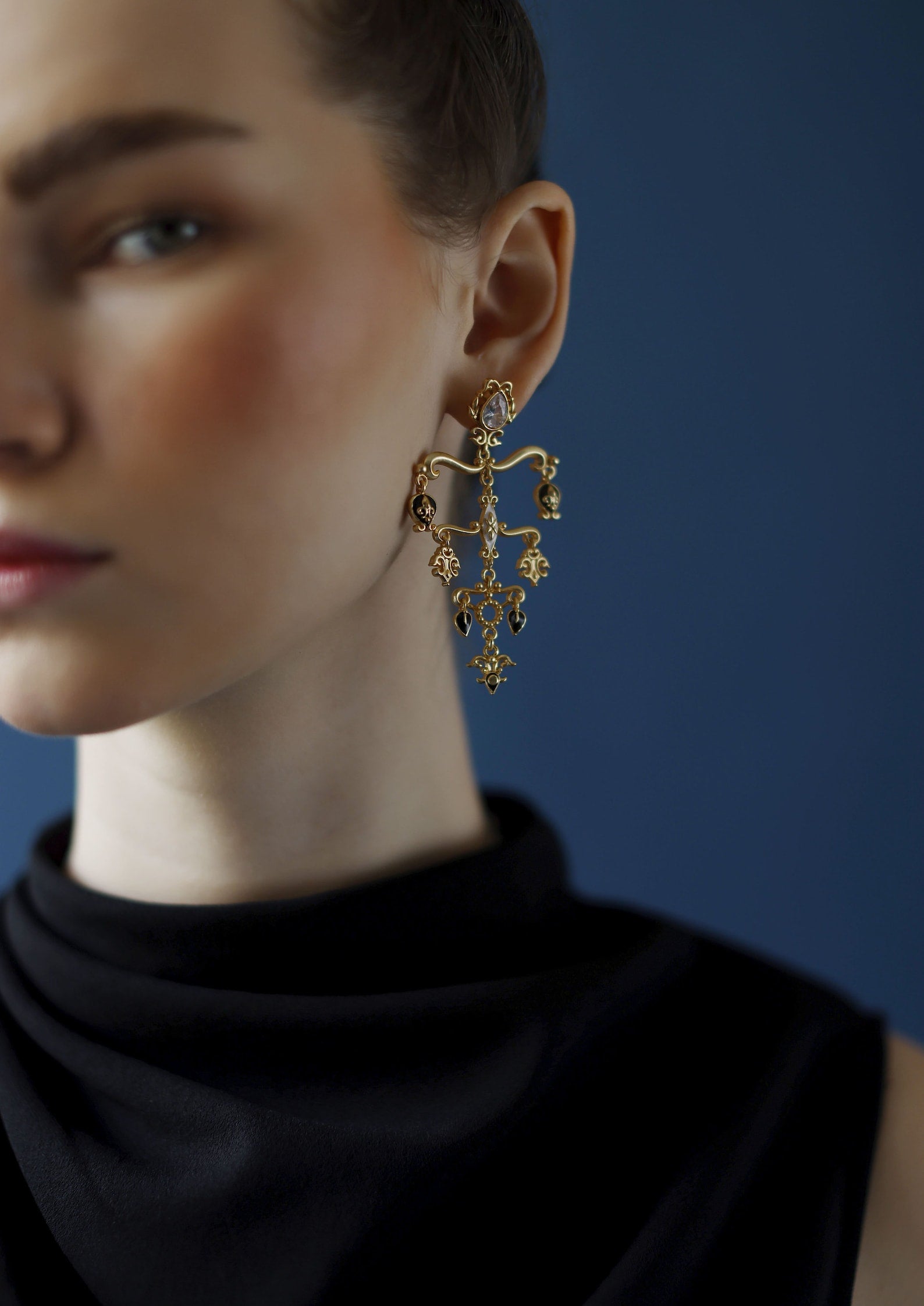 Long gold plated victorian chandelier earrings