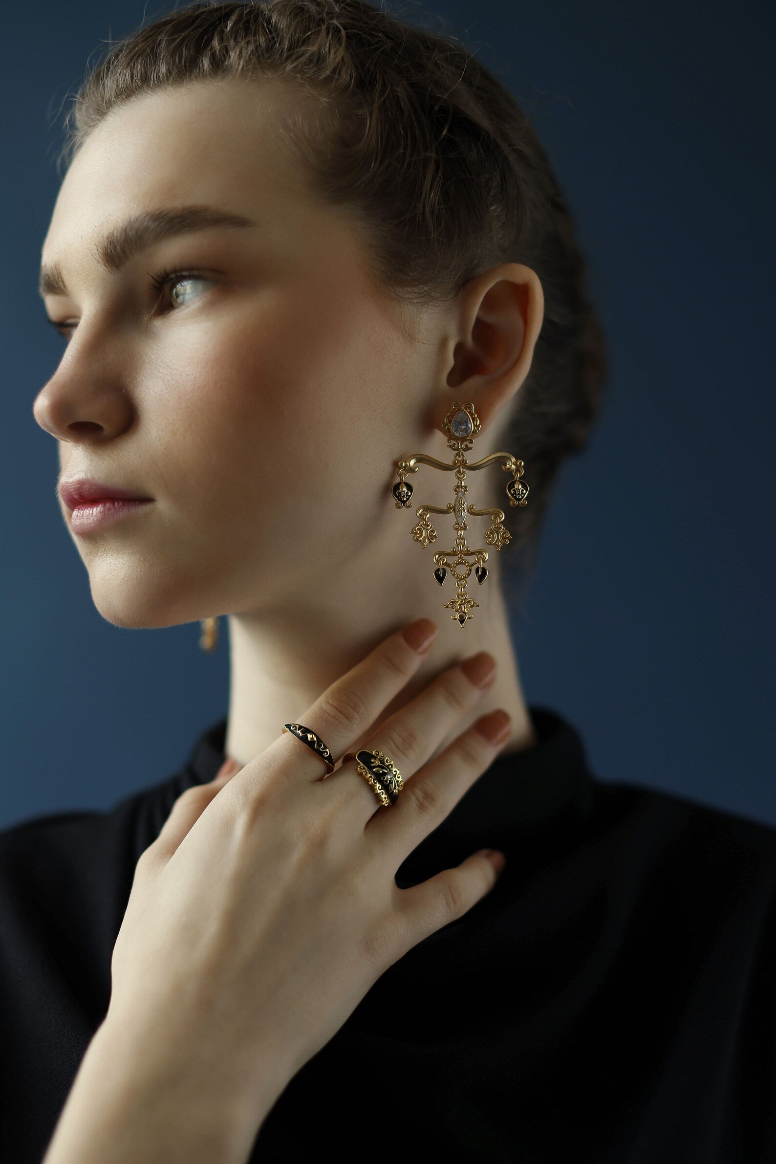 Long gold plated victorian chandelier earrings