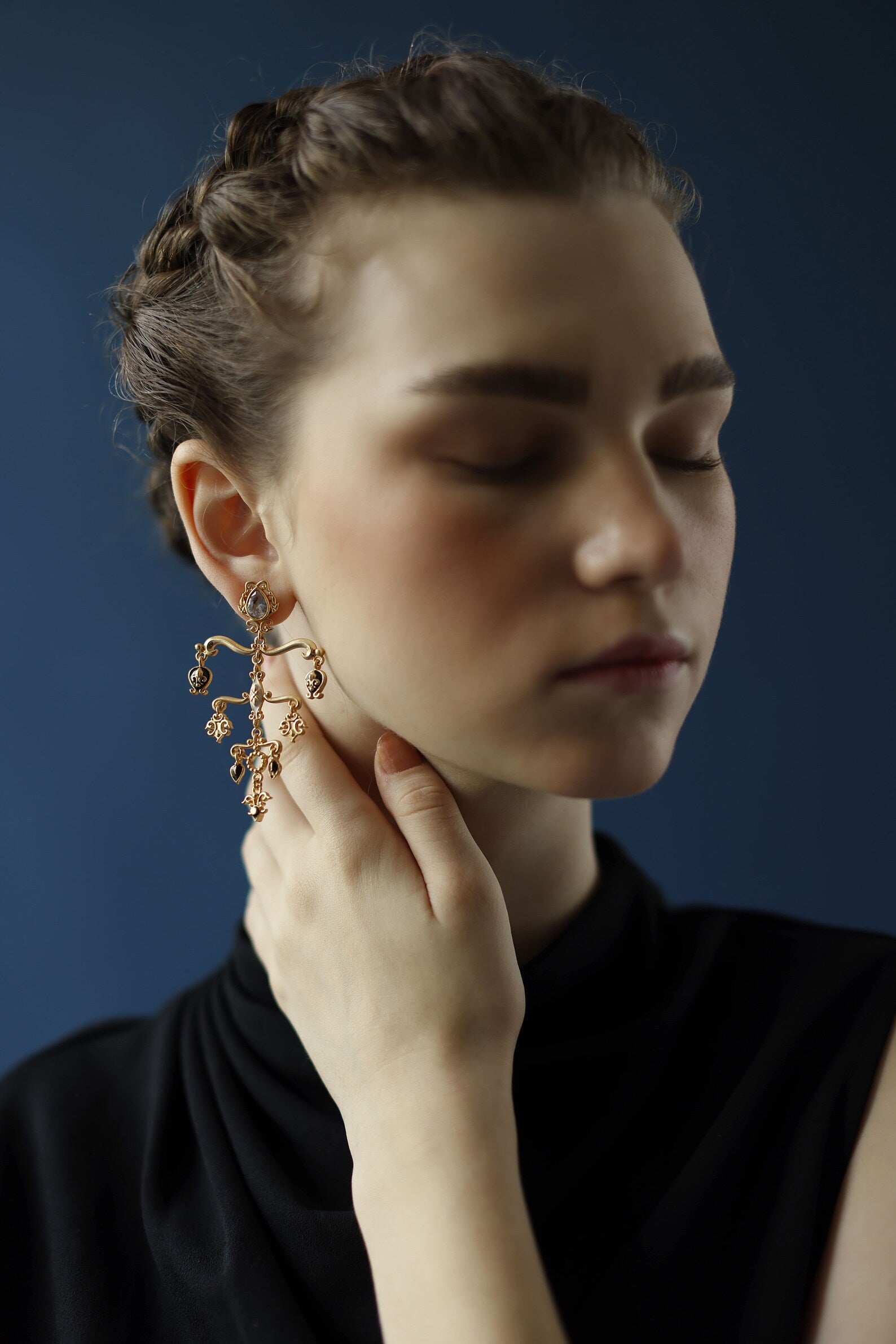 Long gold plated victorian chandelier earrings