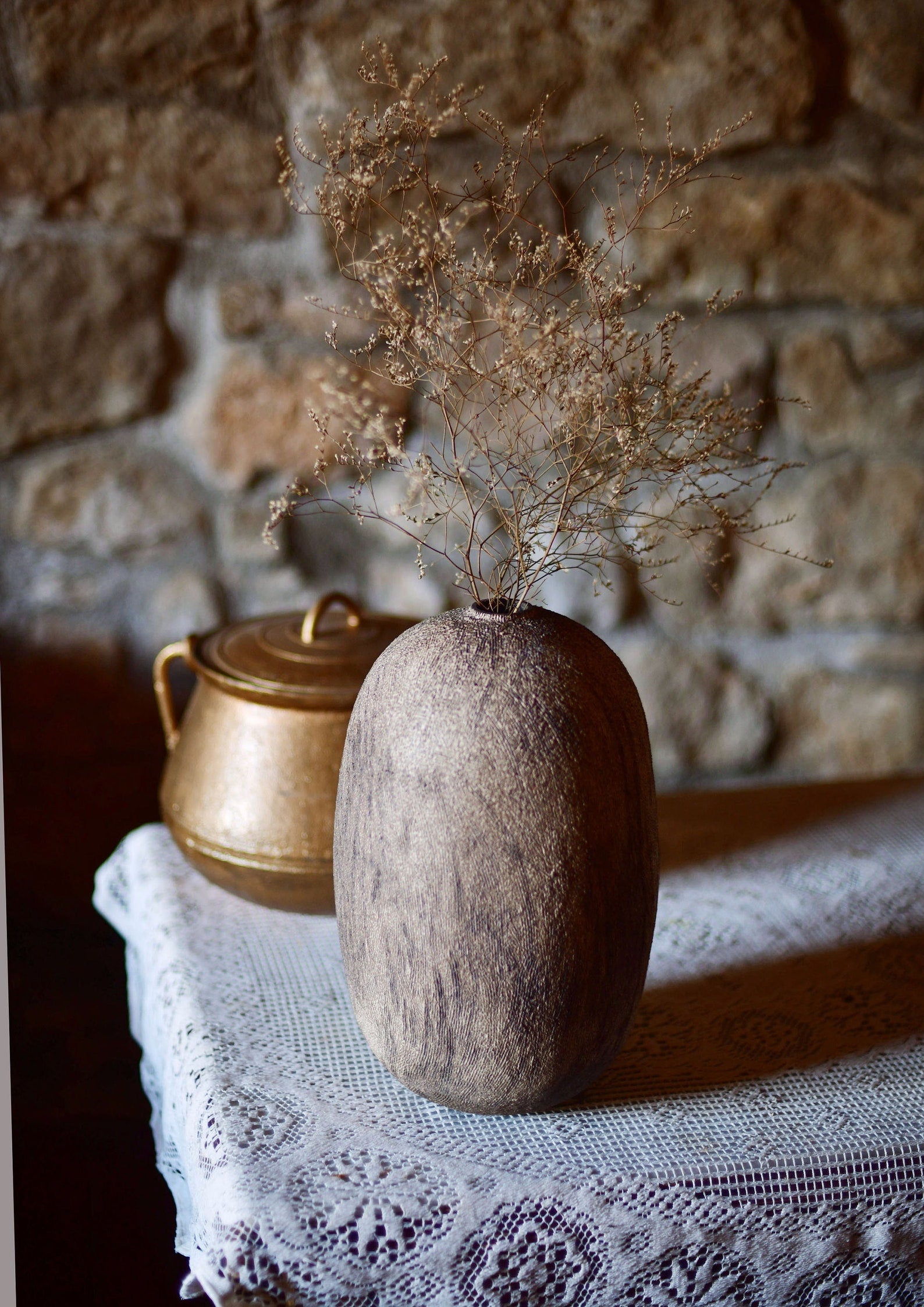 Black Stoneware Vase for Dried Flowers