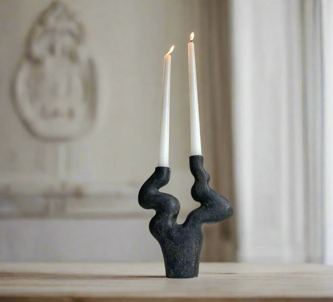 Black Ceramic Candlestick | Textured Candle Holder