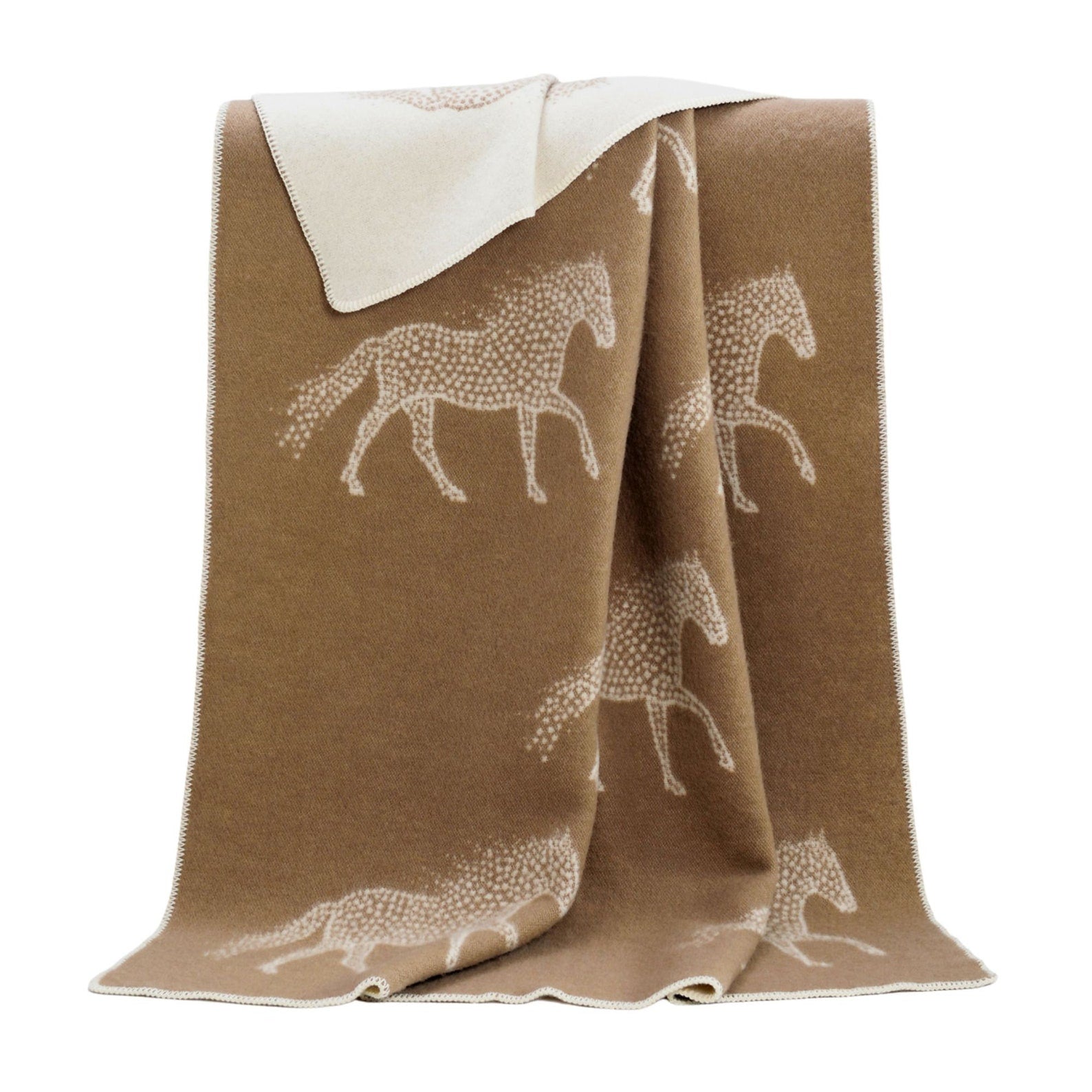 Dot Horse Wool Blanket | Warm Brown and Off-White Reversible Throw |