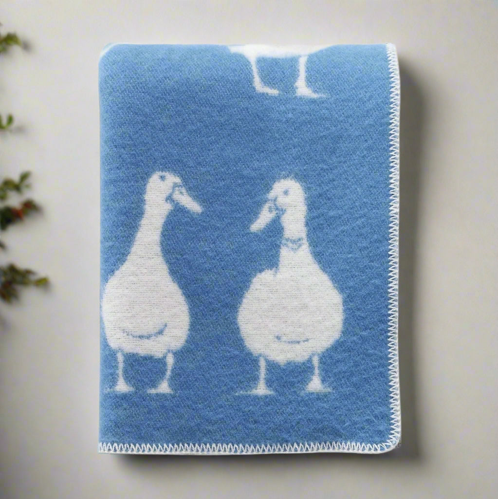 Blue Duck Wool Blanket | Blue and Off White Throw for Chair, Bed & Sofa | Fully Reversible