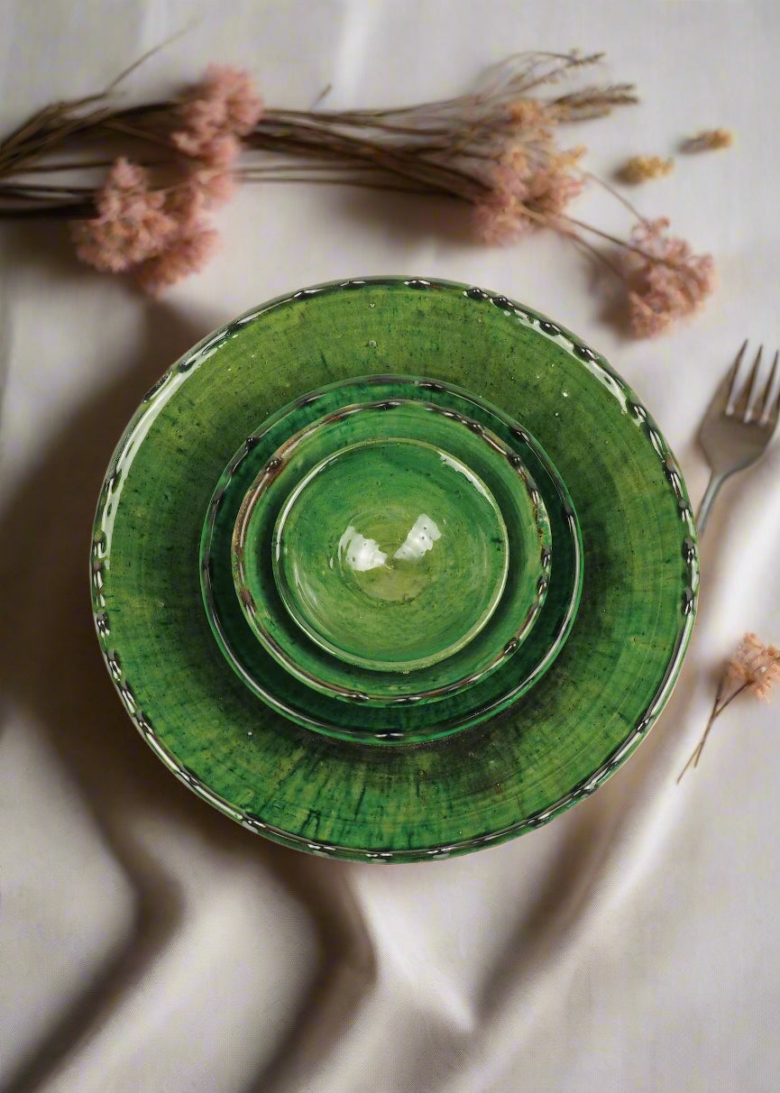 Moroccan Vintage Tamegroute Green Glazed Nesting Bowl Set of 4