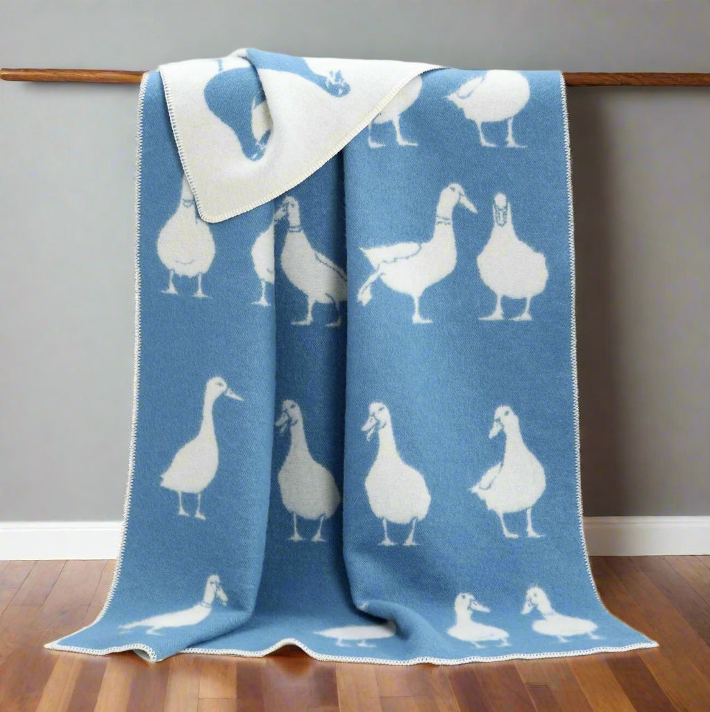 Blue Duck Wool Blanket | Blue and Off White Throw for Chair, Bed & Sofa | Fully Reversible